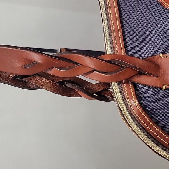 Dooney & Bourke Navy Blue Nylon Domed Satchel, Brown Leather Braided Handles - Picture 3 of 16